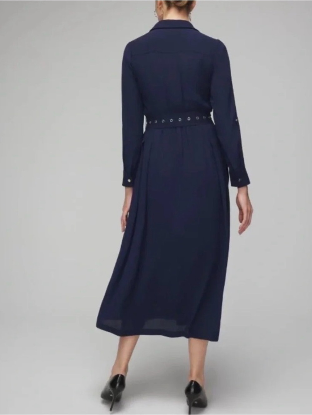 WHBM Long Navy Shirt Dress with Belt - Picture 4 of 6